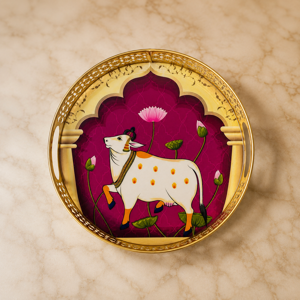 10" Pichwai Cow Printed Decorative Metal Tray