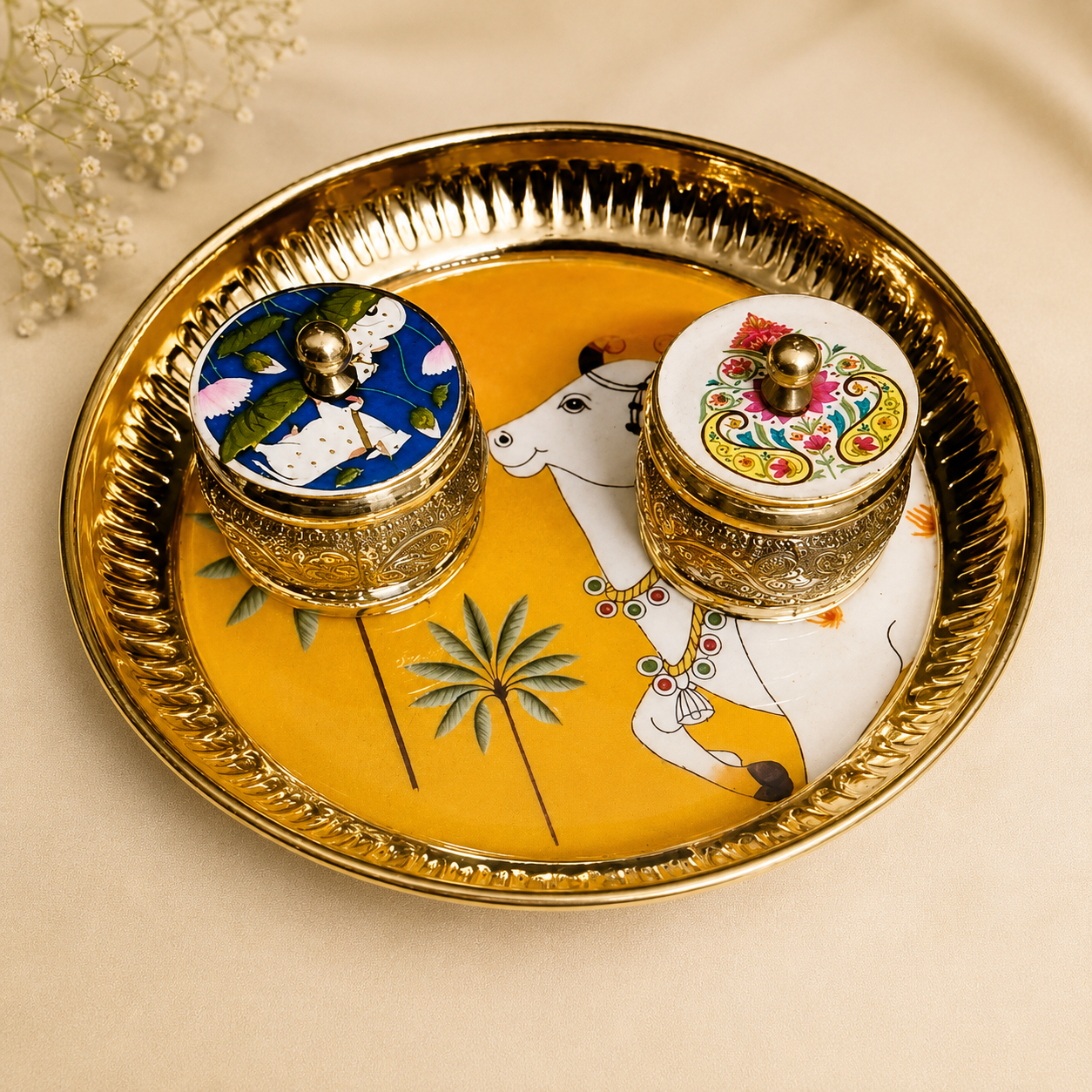 6" Brass Cow Pichwai Pooja Tray Set