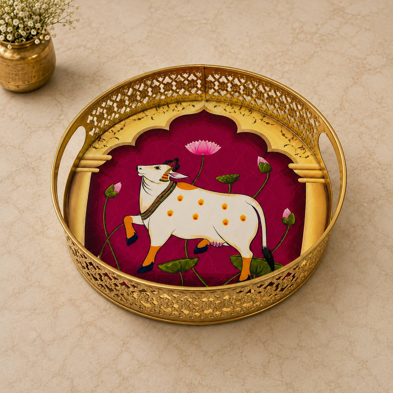 10" Pichwai Cow Printed Decorative Metal Tray