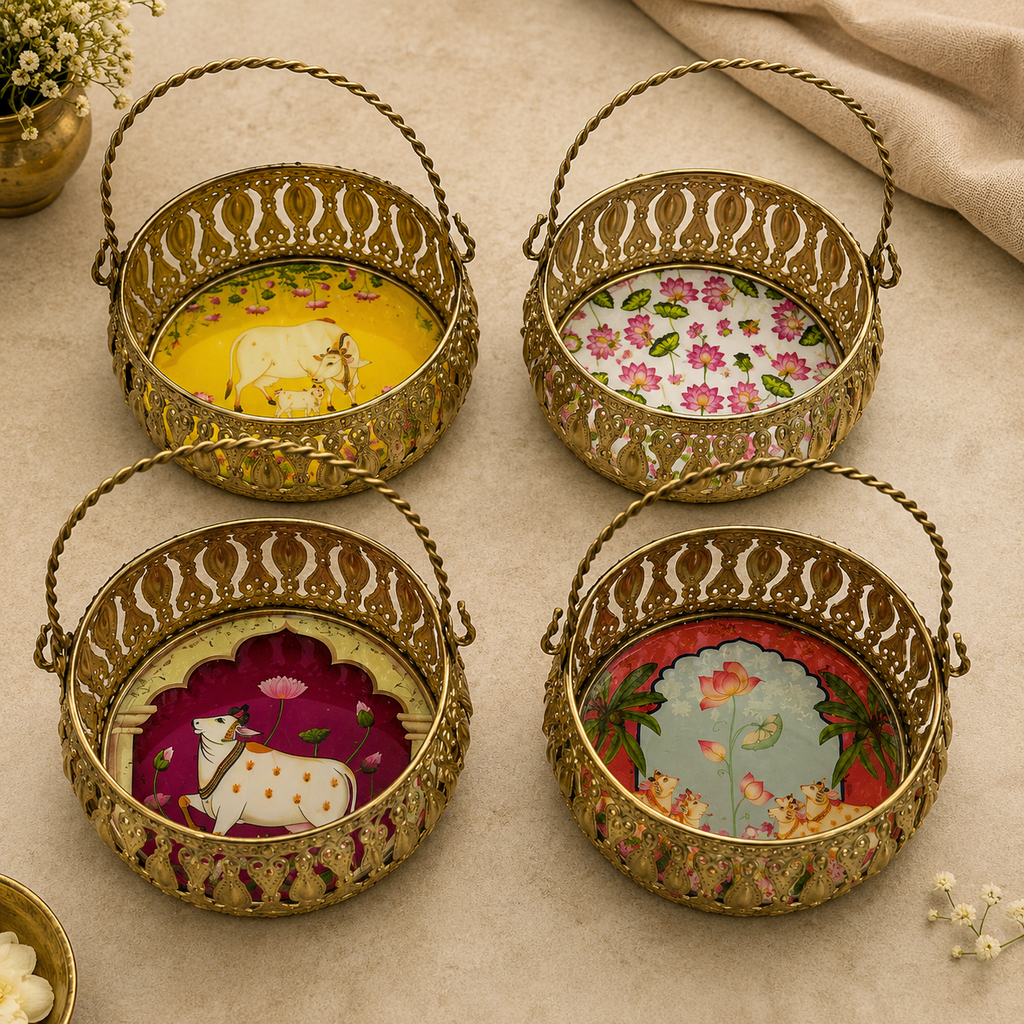 4" Pichwai Printed Metal Basket