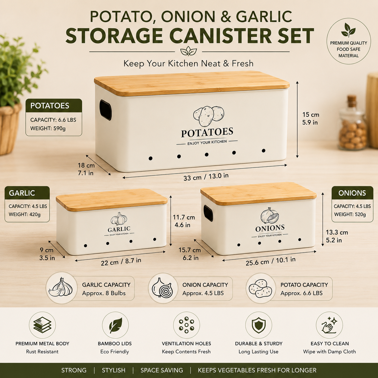 3-Piece Potato, Onion & Garlic Storage Canister Set