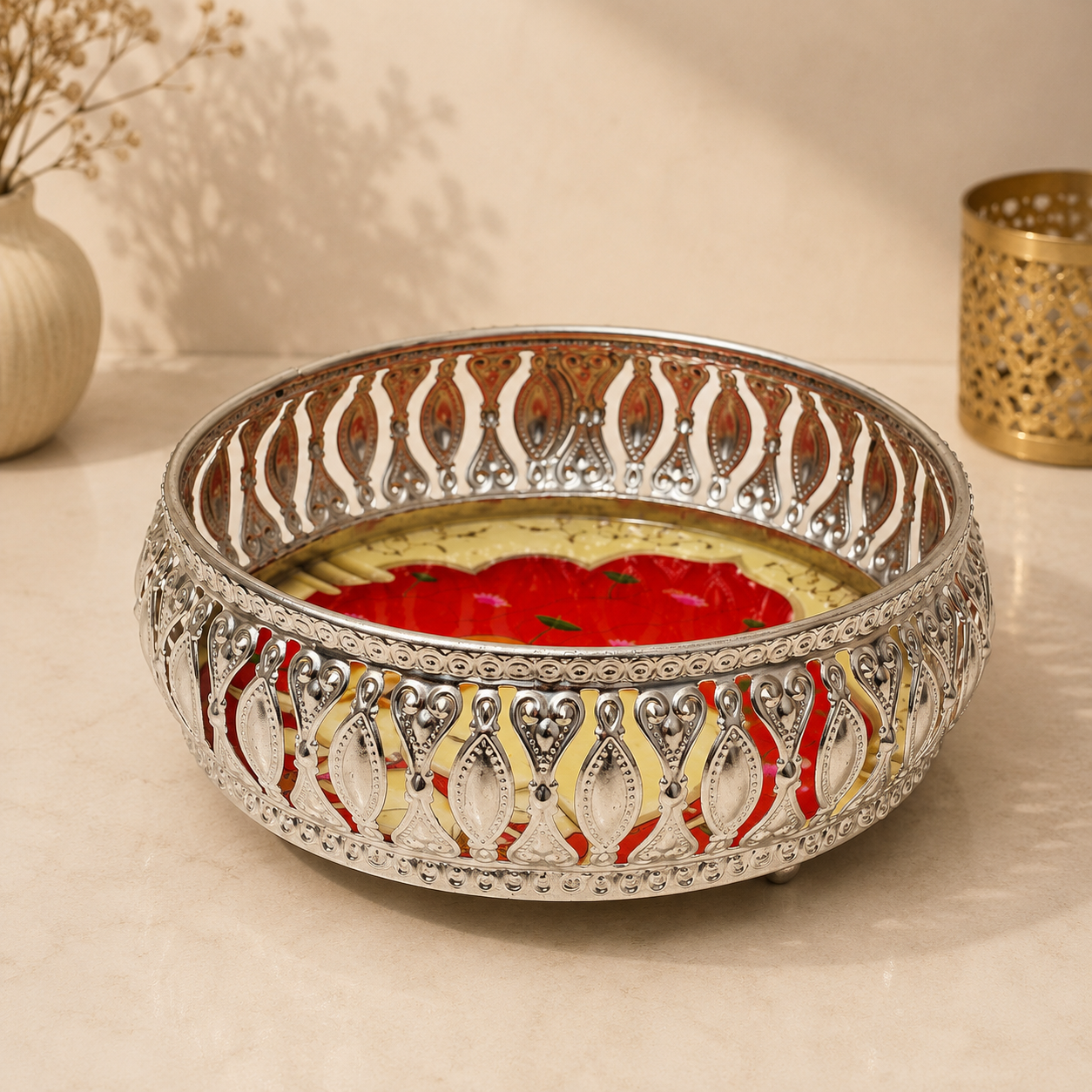 6 Inch Cow Pichwai Decorative Metal Tray | Silver Finish