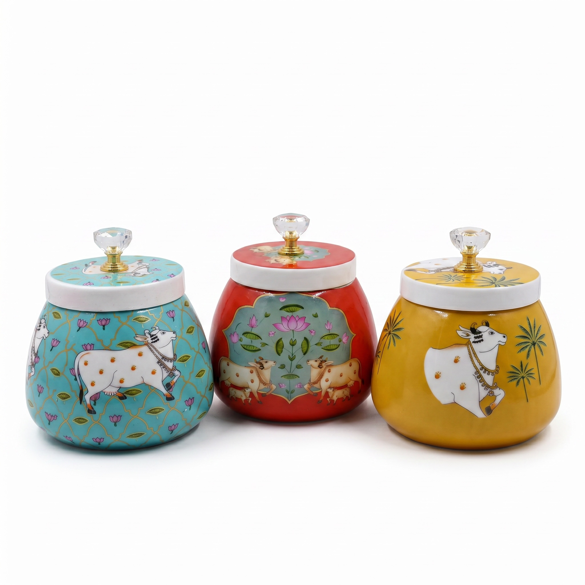 Pichwai Cow Metal Jar With Lid-Hand Painted Indian Home Decor Gift